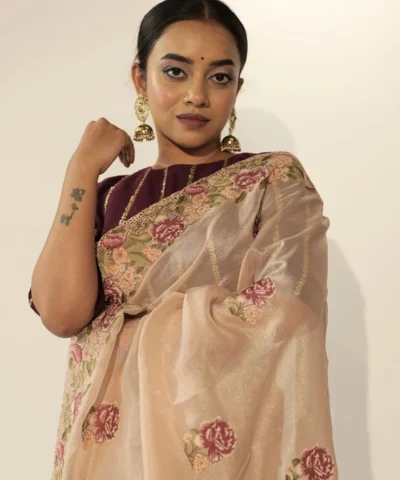 Dusty Pink Tissue Silk Saree with Cutwork Embroidery