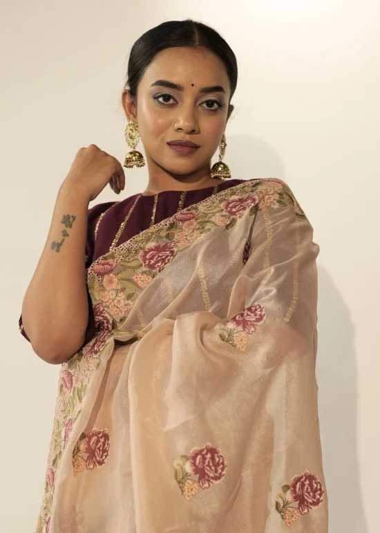 Dusty Pink Tissue Silk Saree with Cutwork Embroidery