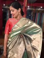 Ombre Pista Green Tissue Silk Saree with Woven Zari Border and Zari Pallu
