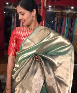 Ombre Pista Green Tissue Silk Saree with Woven Zari Border and Zari Pallu