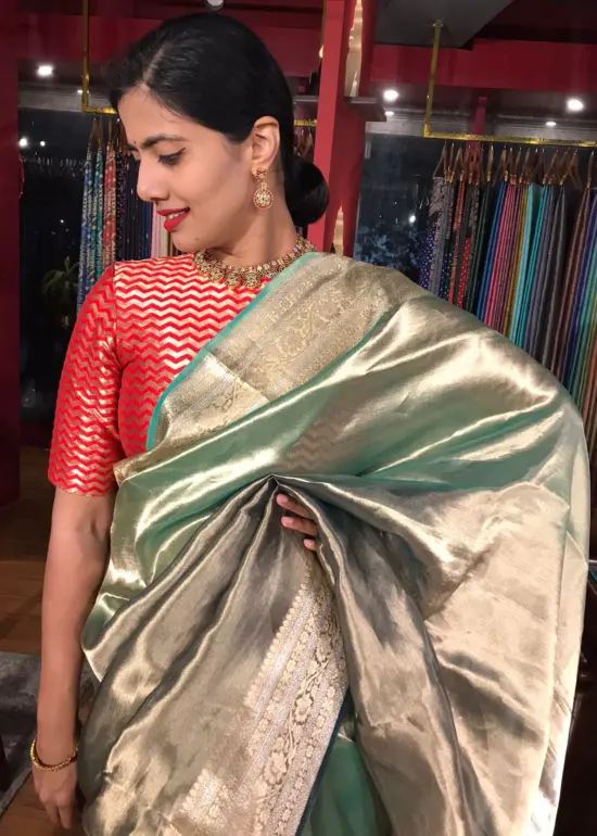 Ombre Pista Green Tissue Silk Saree with Woven Zari Border and Zari Pallu