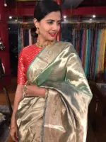 Ombre Pista Green Tissue Silk Saree with Woven Zari Border and Zari Pallu - Image 2