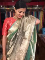 Ombre Pista Green Tissue Silk Saree with Woven Zari Border and Zari Pallu - Image 4