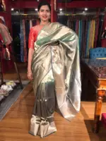 Ombre Pista Green Tissue Silk Saree with Woven Zari Border and Zari Pallu - Image 7
