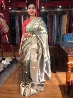 Ombre Pista Green Tissue Silk Saree with Woven Zari Border and Zari Pallu - Image 5