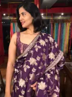 Purple Banarasi Silk Saree with Hand Embroidery - Image 3