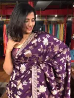 Purple Banarasi Silk Saree with Hand Embroidery