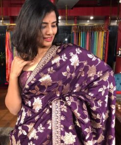 Purple Banarasi Silk Saree with Hand Embroidery