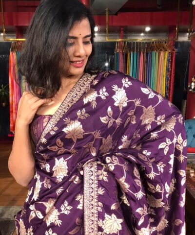 Purple Banarasi Silk Saree with Hand Embroidery