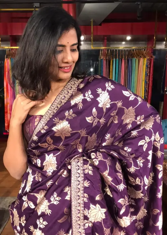 Purple Banarasi Silk Saree with Hand Embroidery