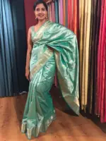 Aqua Blue Handwoven Banarasi Katan Silk Saree with Gold Zari Buttis - Image 2