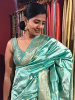 Aqua Blue Handwoven Banarasi Katan Silk Saree with Gold Zari Buttis