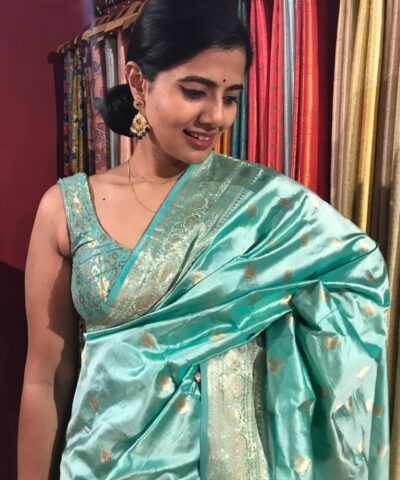 Aqua Blue Handwoven Banarasi Katan Silk Saree with Gold Zari Buttis
