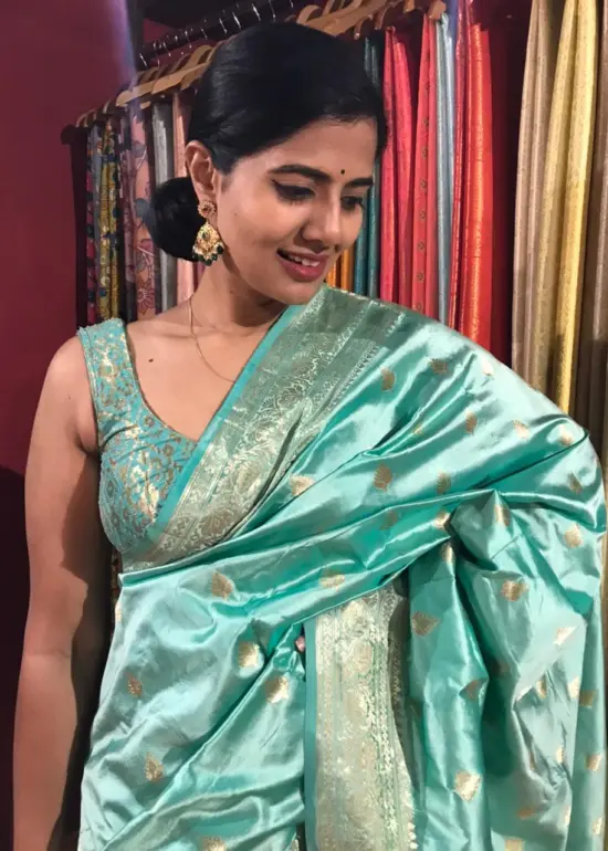 Aqua Blue Handwoven Banarasi Katan Silk Saree with Gold Zari Buttis