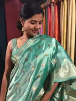 Aqua Blue Handwoven Banarasi Katan Silk Saree with Gold Zari Buttis - Image 4