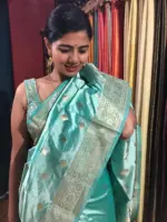Aqua Blue Handwoven Banarasi Katan Silk Saree with Gold Zari Buttis - Image 3