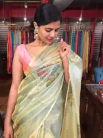 Sea Green Tissue Silk Saree with Hand painted Florals and Hand Embroidery - Image 3