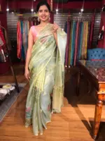Sea Green Tissue Silk Saree with Hand painted Florals and Hand Embroidery - Image 2
