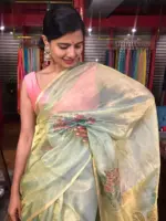 Sea Green Tissue Silk Saree with Hand painted Florals and Hand Embroidery - Image 4