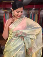 Sea Green Tissue Silk Saree with Hand painted Florals and Hand Embroidery