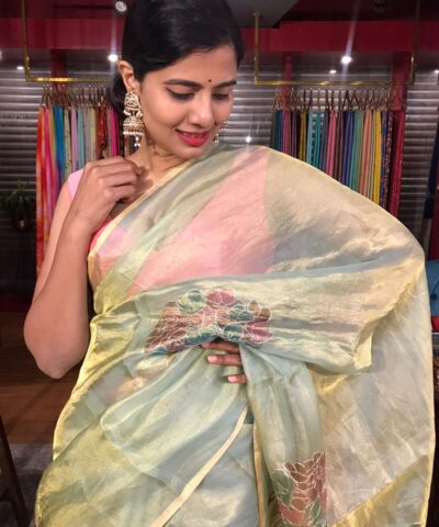 Sea Green Tissue Silk Saree with Hand painted Florals and Hand Embroidery