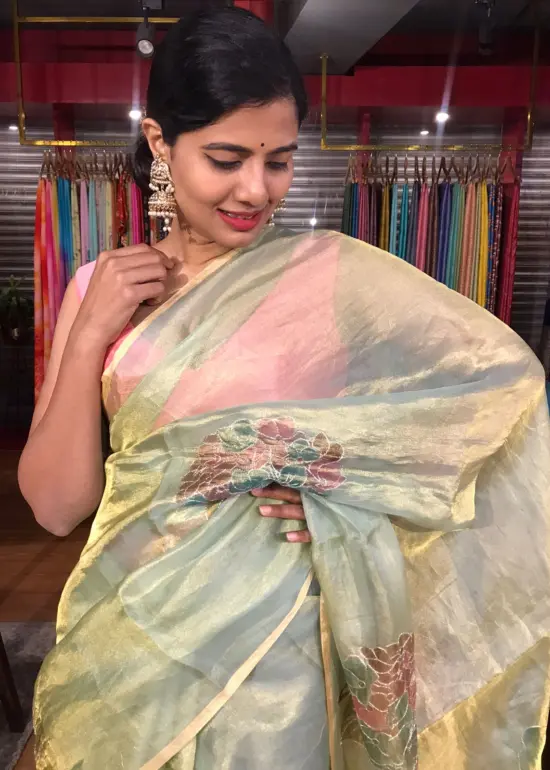 Sea Green Tissue Silk Saree with Hand painted Florals and Hand Embroidery