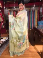 Sea Green Tissue Silk Saree with Hand painted Florals and Hand Embroidery - Image 6