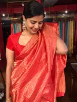 Scarlet Red Tussar Silk Saree with Gold Zari Striped Weaves - Image 4