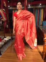 Scarlet Red Tussar Silk Saree with Gold Zari Striped Weaves - Image 6