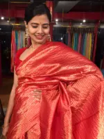 Scarlet Red Tussar Silk Saree with Gold Zari Striped Weaves