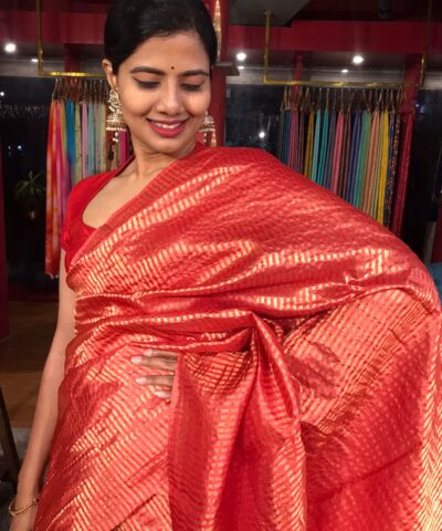Scarlet Red Tussar Silk Saree with Gold Zari Striped Weaves
