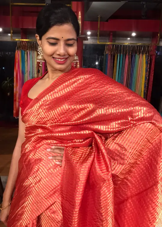 Scarlet Red Tussar Silk Saree with Gold Zari Striped Weaves