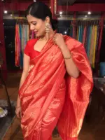 Scarlet Red Tussar Silk Saree with Gold Zari Striped Weaves - Image 2