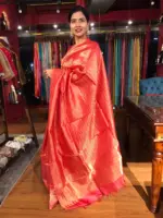 Scarlet Red Tussar Silk Saree with Gold Zari Striped Weaves - Image 5