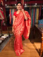 Scarlet Red Tussar Silk Saree with Gold Zari Striped Weaves - Image 3