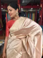 Ivory Katan Silk Saree with Kadwa Gold Zari Buttis