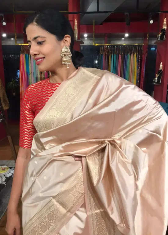 Ivory Katan Silk Saree with Kadwa Gold Zari Buttis