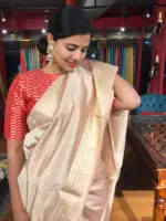 Ivory Katan Silk Saree with Kadwa Gold Zari Buttis - Image 3