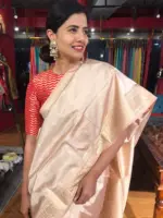 Ivory Katan Silk Saree with Kadwa Gold Zari Buttis - Image 4