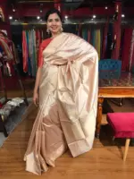 Ivory Katan Silk Saree with Kadwa Gold Zari Buttis - Image 5