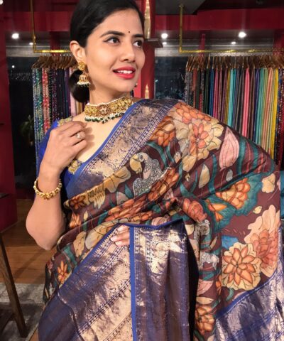 Brown Printed Kanchivaram Silk Saree highlighted with contrast zari border