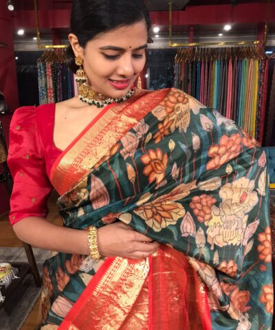 Bottle Green Pure Kanchivaram Silk Saree with Beautiful Kalamkari Prints