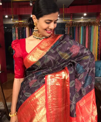 Eggplant Purple Printed Pure Kanchivaram Silk Saree