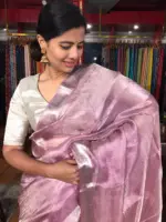 Lavender Pink Tissue Silk Saree highlighted with Woven Silver Zari Border - Image 8