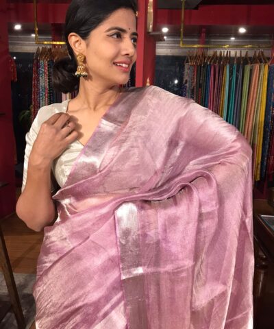 Lavender Pink Tissue Silk Saree highlighted with Woven Silver Zari Border