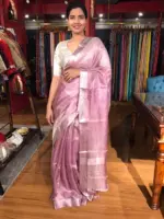 Lavender Pink Tissue Silk Saree highlighted with Woven Silver Zari Border - Image 6