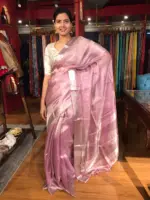 Lavender Pink Tissue Silk Saree highlighted with Woven Silver Zari Border - Image 7