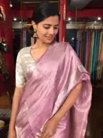 Lavender Pink Tissue Silk Saree highlighted with Woven Silver Zari Border - Image 4