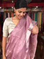 Lavender Pink Tissue Silk Saree highlighted with Woven Silver Zari Border - Image 5