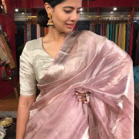 Onion Pink Tissue Silk Saree with Woven Silver Zari Border
